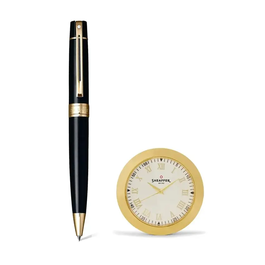 GIFTSET SHEAFFER 300 G9325 GLOSSY BLACK WITH GOLD TONE TRIM BP WITH GOLD WITH TABLE CLOCK